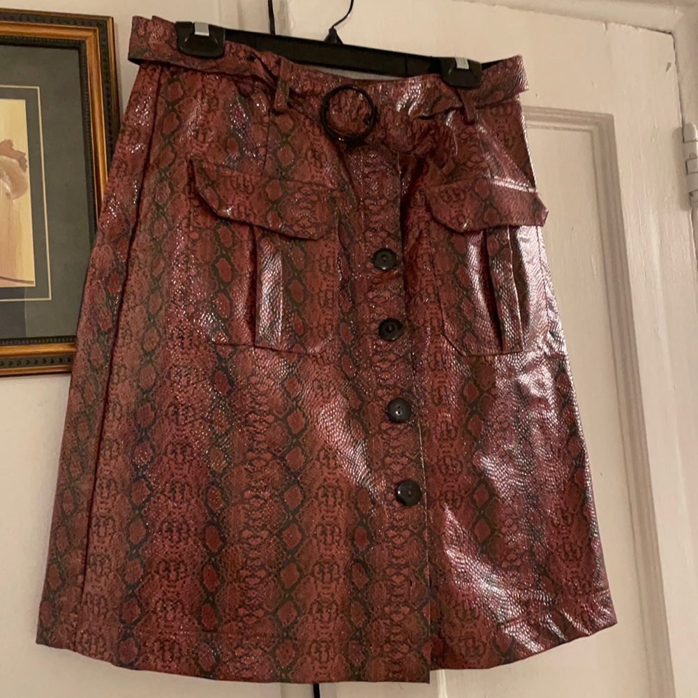 Faux patent leather snakeskin printed skirt